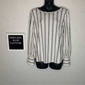Ann Taylor Black White Vertical Stripe Long Sleeve Blouse Petite Small